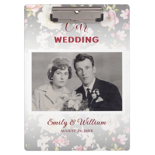 Watercolor Pink Yellow Roses,black blurred,Wedding Clipboard (Front)