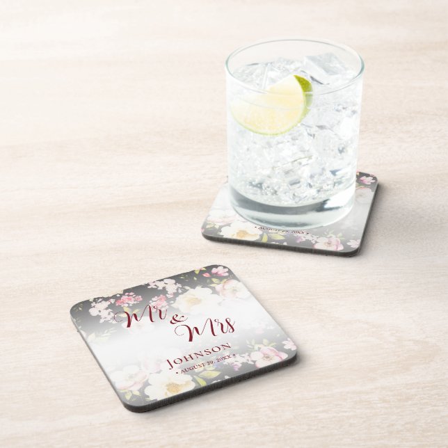 Watercolor Pink Yellow Roses,black blurred,Wedding Coaster (Right Side)