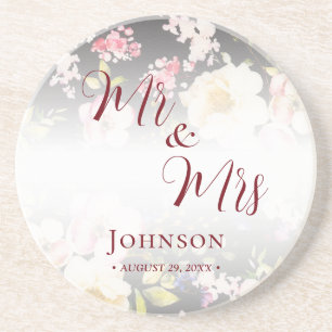 Watercolor Pink Yellow Roses,black blurred,Wedding Coaster