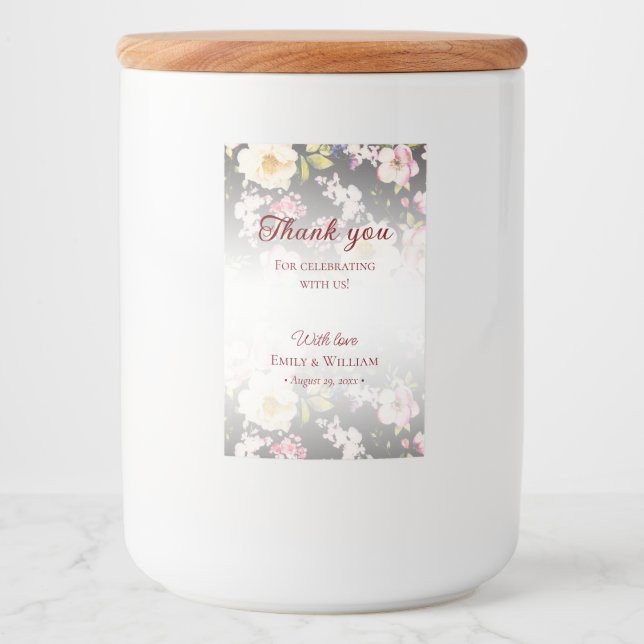 Watercolor Pink Yellow Roses,black blurred,Wedding Food Label (Front)