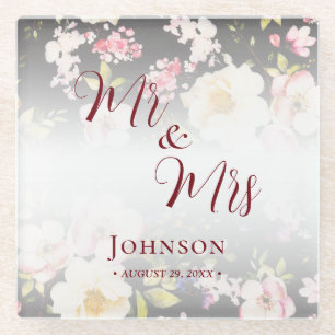 Watercolor Pink Yellow Roses,black blurred,Wedding Glass Coaster
