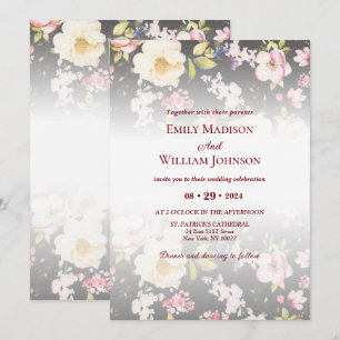 Watercolor Pink Yellow Roses,black blurred,Wedding Invitation