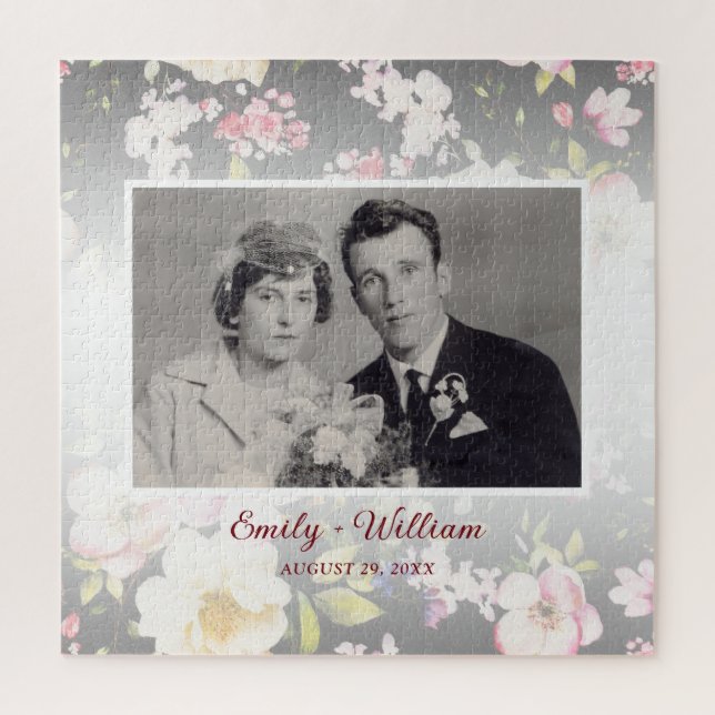 Watercolor Pink Yellow Roses,black blurred,Wedding Jigsaw Puzzle (Vertical)