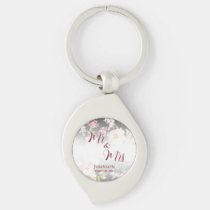 Watercolor Pink Yellow Roses,black blurred,Wedding Key Ring