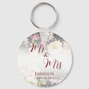 Watercolor Pink Yellow Roses,black blurred,Wedding Key Ring