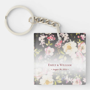 Watercolor Pink Yellow Roses,black blurred,Wedding Key Ring