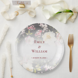 Watercolor Pink Yellow Roses,black blurred,Wedding Paper Plate