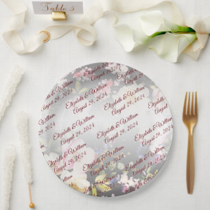 Watercolor Pink Yellow Roses,black blurred,Wedding Paper Plate