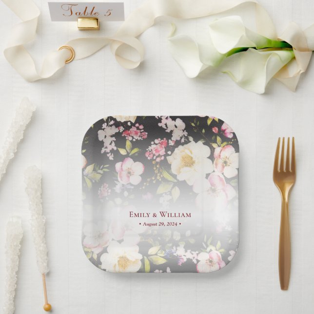 Watercolor Pink Yellow Roses,black blurred,Wedding Paper Plate (Wedding)