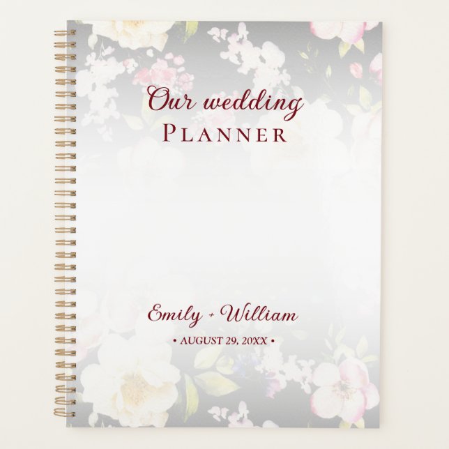 Watercolor Pink Yellow Roses,black blurred,Wedding Planner (Front)