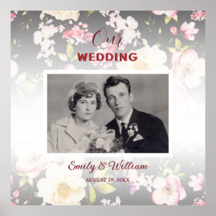 Watercolor Pink Yellow Roses,black blurred,Wedding Poster