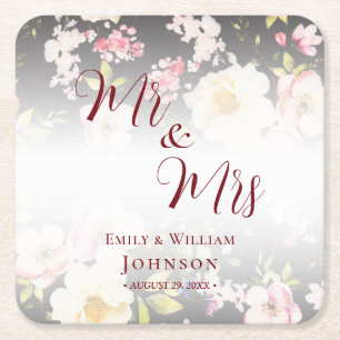 Watercolor Pink Yellow Roses,black blurred,Wedding Square Paper Coaster