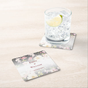 Watercolor Pink Yellow Roses,black blurred,Wedding Square Paper Coaster
