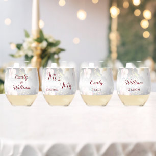 Watercolor Pink Yellow Roses,black blurred,Wedding Stemless Wine Glass