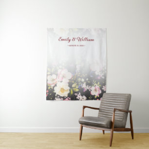 Watercolor Pink Yellow Roses,black blurred,Wedding Tapestry