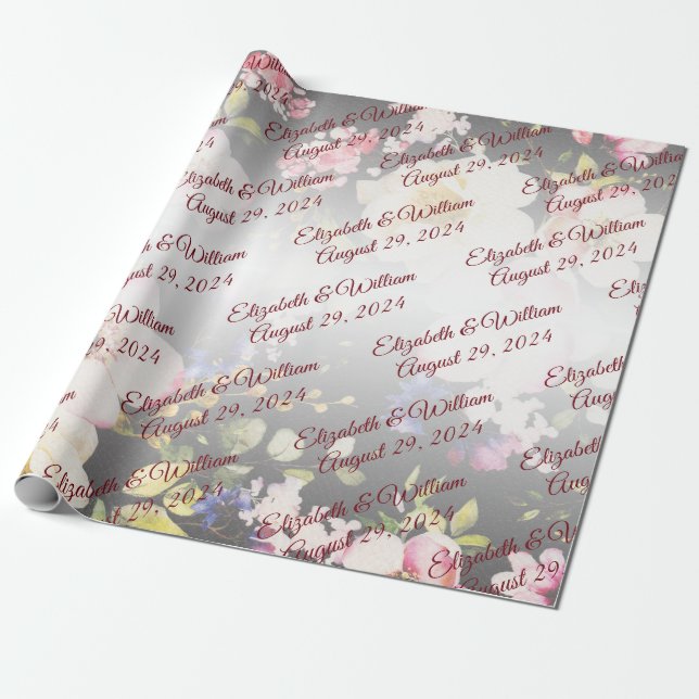 Watercolor Pink Yellow Roses,black blurred,Wedding Wrapping Paper (Unrolled)