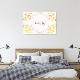 Watercolor Pink Yellow Roses, Lines, Monogram Canvas Print