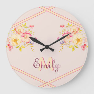 Watercolor Pink Yellow Roses, Lines, Monogram Large Clock
