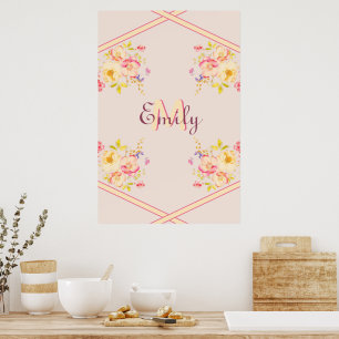 Watercolor Pink Yellow Roses, Lines, Monogram Poster