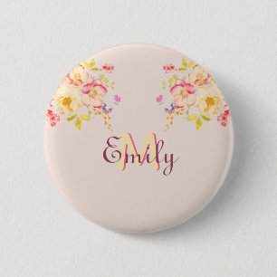 Watercolor Pink Yellow Roses, Monogram 6 Cm Round Badge