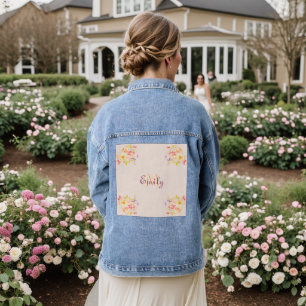 Watercolor Pink Yellow Roses, Monogram Denim Jacket