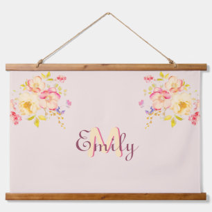 Watercolor Pink Yellow Roses, Monogram Hanging Tapestry