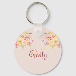 Watercolor Pink Yellow Roses, Monogram Key Ring