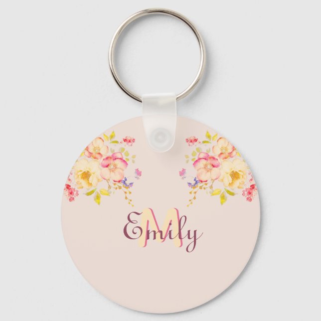 Watercolor Pink Yellow Roses, Monogram Key Ring (Front)