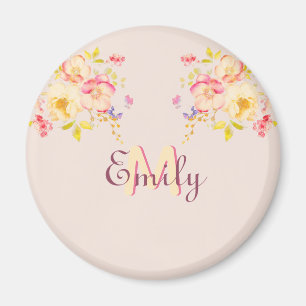 Watercolor Pink Yellow Roses, Monogram Magnet