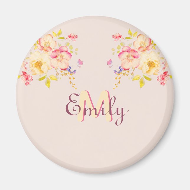 Watercolor Pink Yellow Roses, Monogram Magnet (Front)