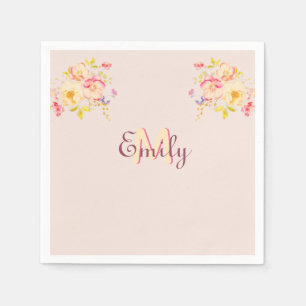 Watercolor Pink Yellow Roses, Monogram Napkin