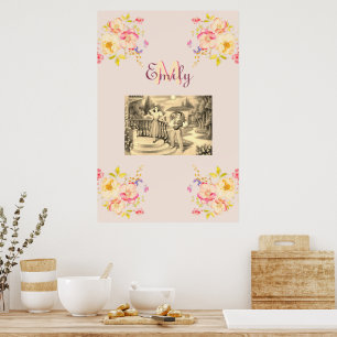 Watercolor Pink Yellow Roses, Monogram Poster