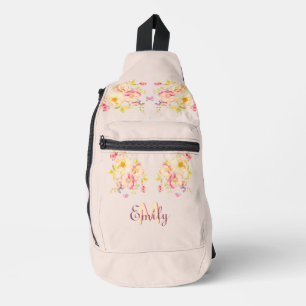 Watercolor Pink Yellow Roses, Monogram Sling Bag