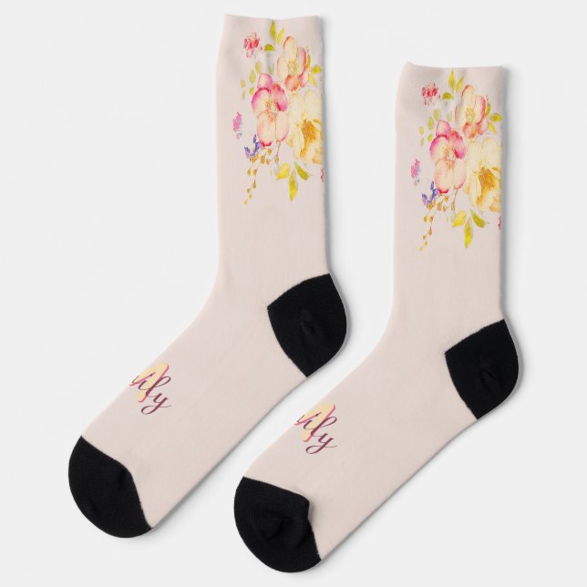 Watercolor Pink Yellow Roses, Monogram Socks (Left)