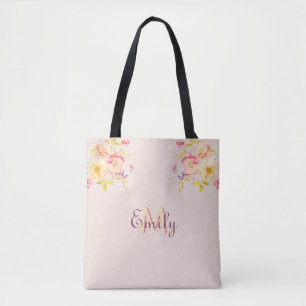 Watercolor Pink Yellow Roses, Monogram Tote Bag
