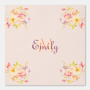 Watercolor Pink Yellow Roses, Monogram Wallpaper