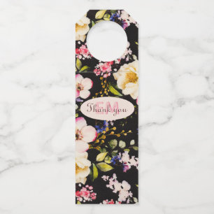 Watercolor Pink & Yellow Roses on Black, Birthday Bottle Tag
