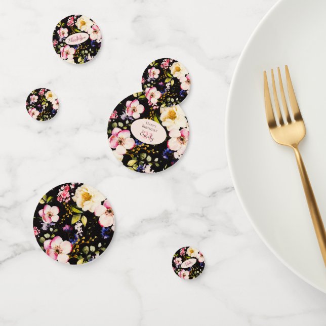 Watercolor Pink & Yellow Roses on Black, Birthday Confetti (Group)