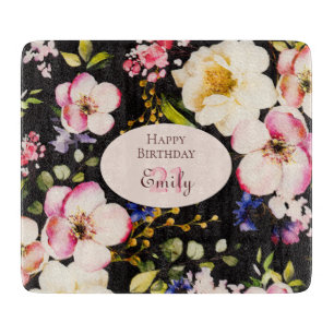 Watercolor Pink & Yellow Roses on Black, Birthday Cutting Board