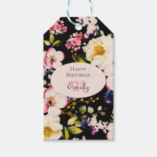Watercolor Pink & Yellow Roses on Black, Birthday Gift Tags