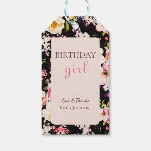 Watercolor Pink & Yellow Roses on Black, Birthday Gift Tags