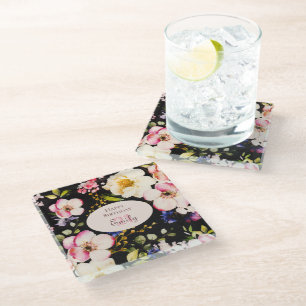 Watercolor Pink & Yellow Roses on Black, Birthday Glass Coaster
