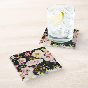 Watercolor Pink & Yellow Roses on Black, Birthday Glass Coaster