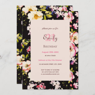 Watercolor Pink & Yellow Roses on Black, Birthday Invitation