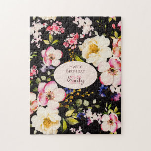 Watercolor Pink & Yellow Roses on Black, Birthday Jigsaw Puzzle