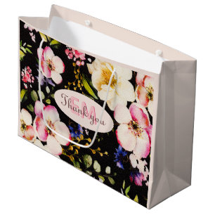 Watercolor Pink & Yellow Roses on Black, Birthday Large Gift Bag