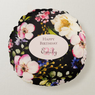 Watercolor Pink & Yellow Roses on Black, Birthday Round Cushion