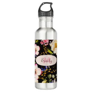 Watercolor Pink Yellow Roses on black, Monogram 710 Ml Water Bottle