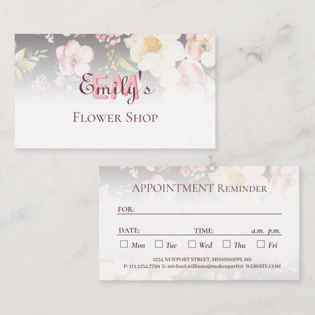 Watercolor Pink Yellow Roses on black, Monogram Appointment Card (Front/Back)