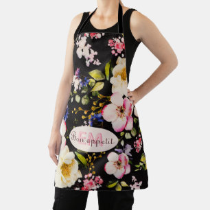 Watercolor Pink Yellow Roses on black, Monogram Apron